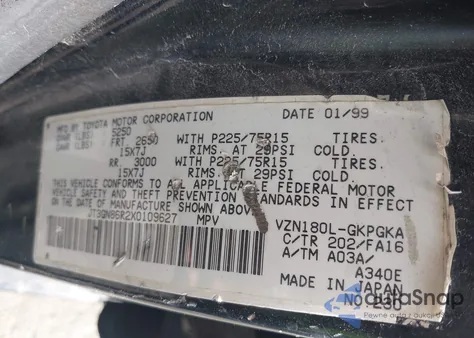 1999 Toyota 4Runner Sr5 V6 z USA, uszkodzony, nr VIN JT3GN86R2X0109627